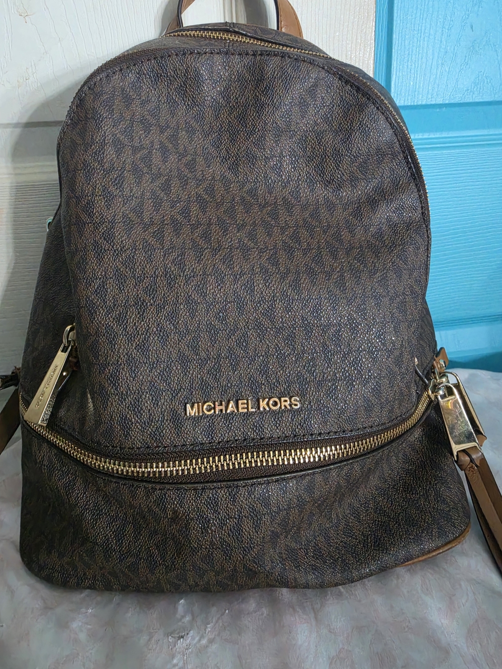 Michael Kors Brown Logo-Print Backpack with Gold Hardware - Picture 3 of 10